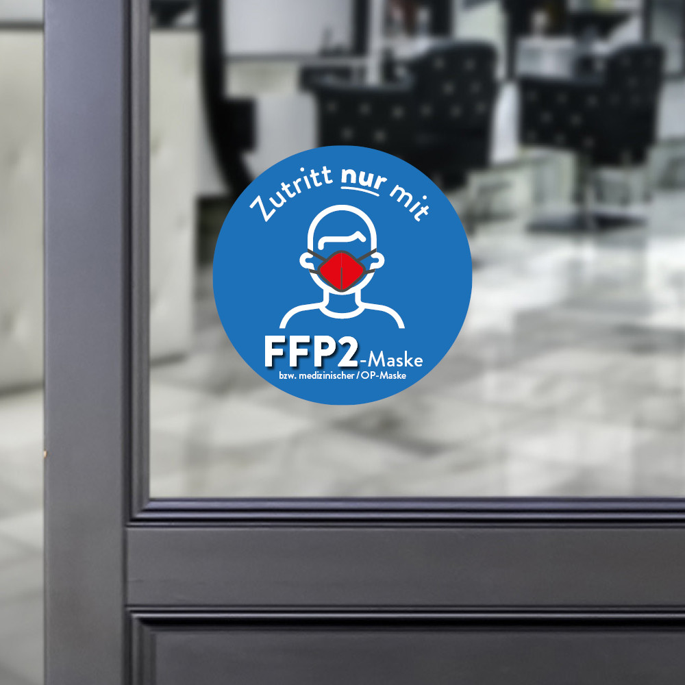 Aufkleber Rund Zutritt nur mit FFP2-Maske blau